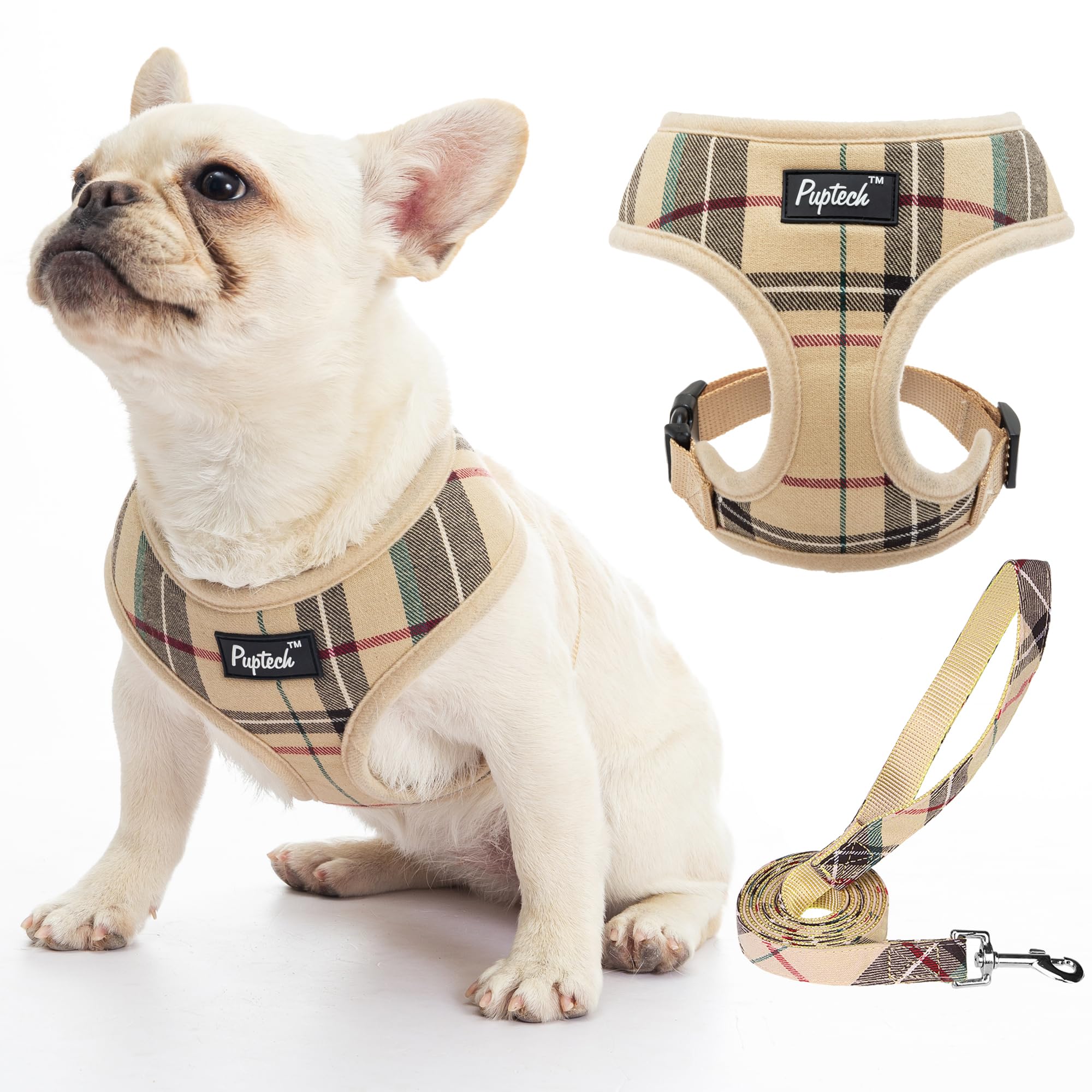 PUPTECK arnés de malla suave con plaid beige para paseos diarios