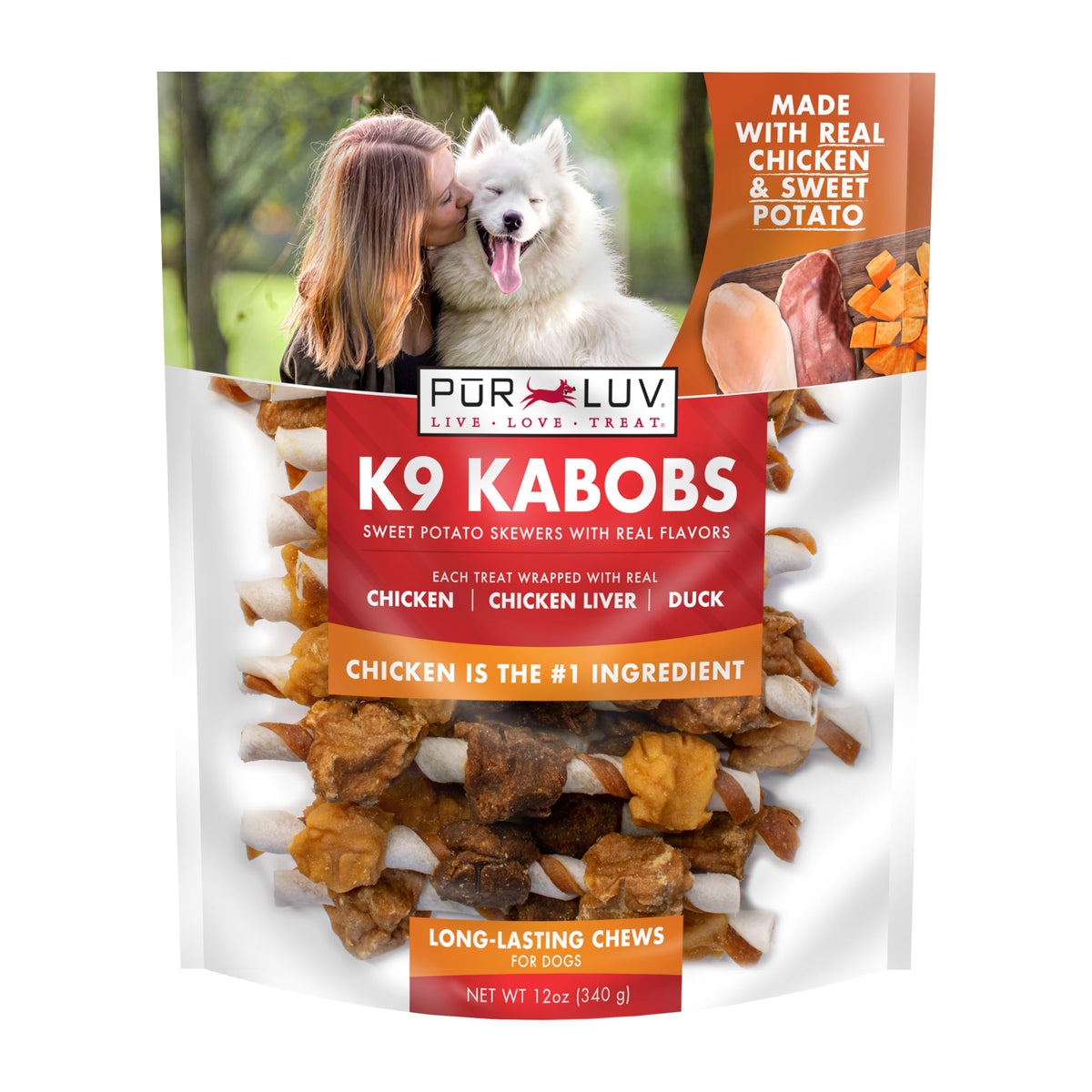 Pur Luv K9 Kabobs packaging highlights real ingredients and limited deck for clarity.