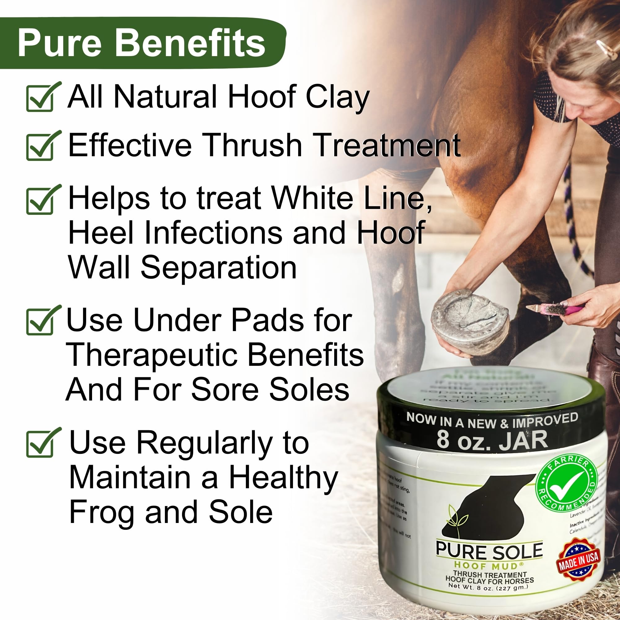 Pure Sole Hoof Mud indica limpieza previa para preparación óptima del casco.
