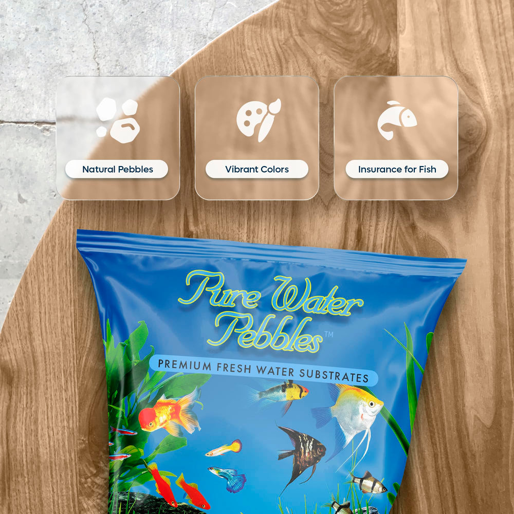 Pure Water Pebbles Lasernite Glo muestra colores vibrantes en acuario y terrario.