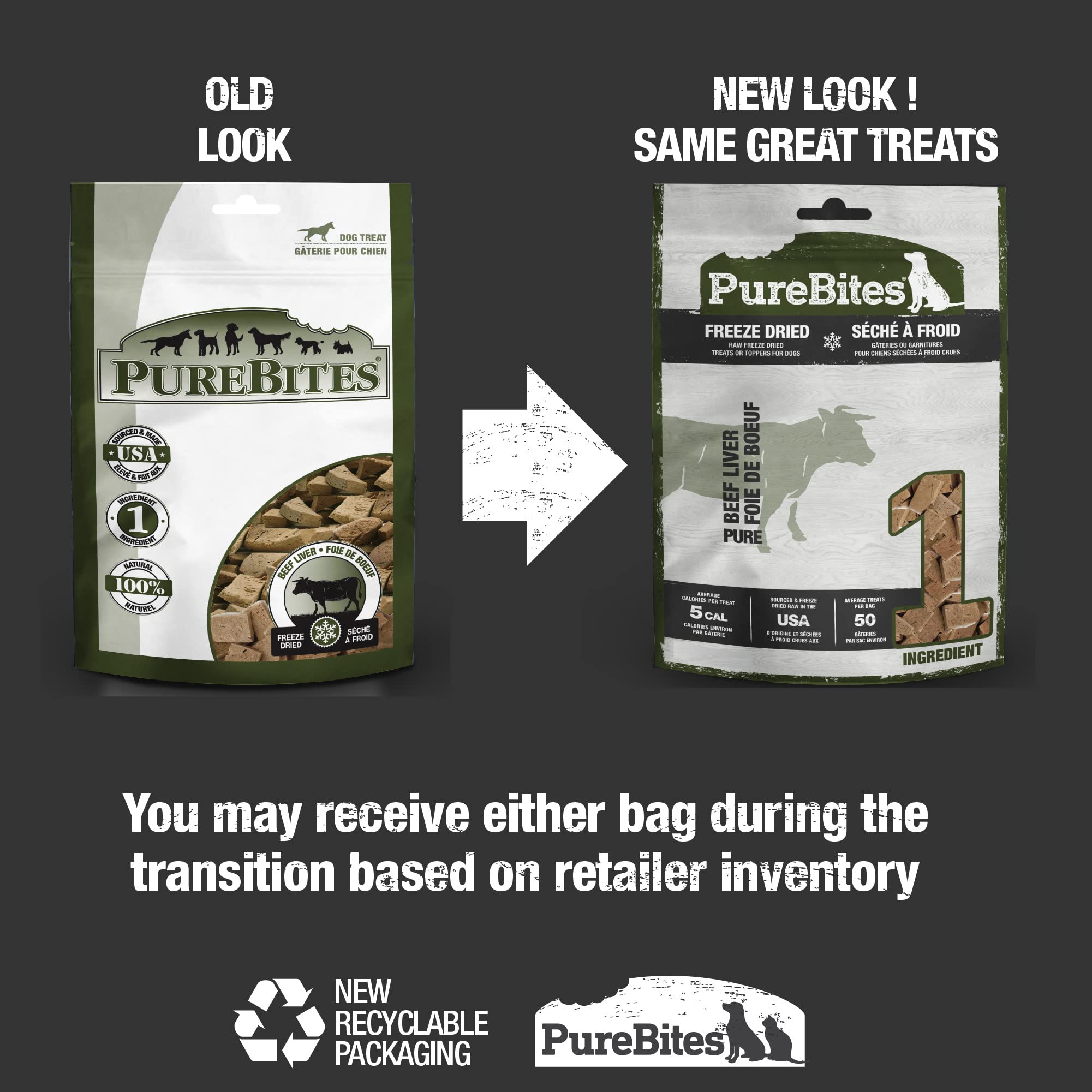 PureBites ingrediente unico: hígado de res liofilizado, alto en proteína.