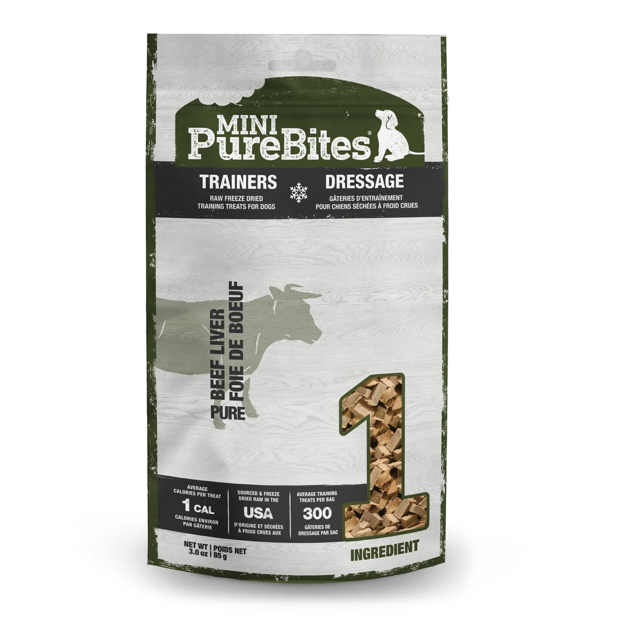 PureBites higado de res liofilizado en trozos pequenos, alto en proteina.