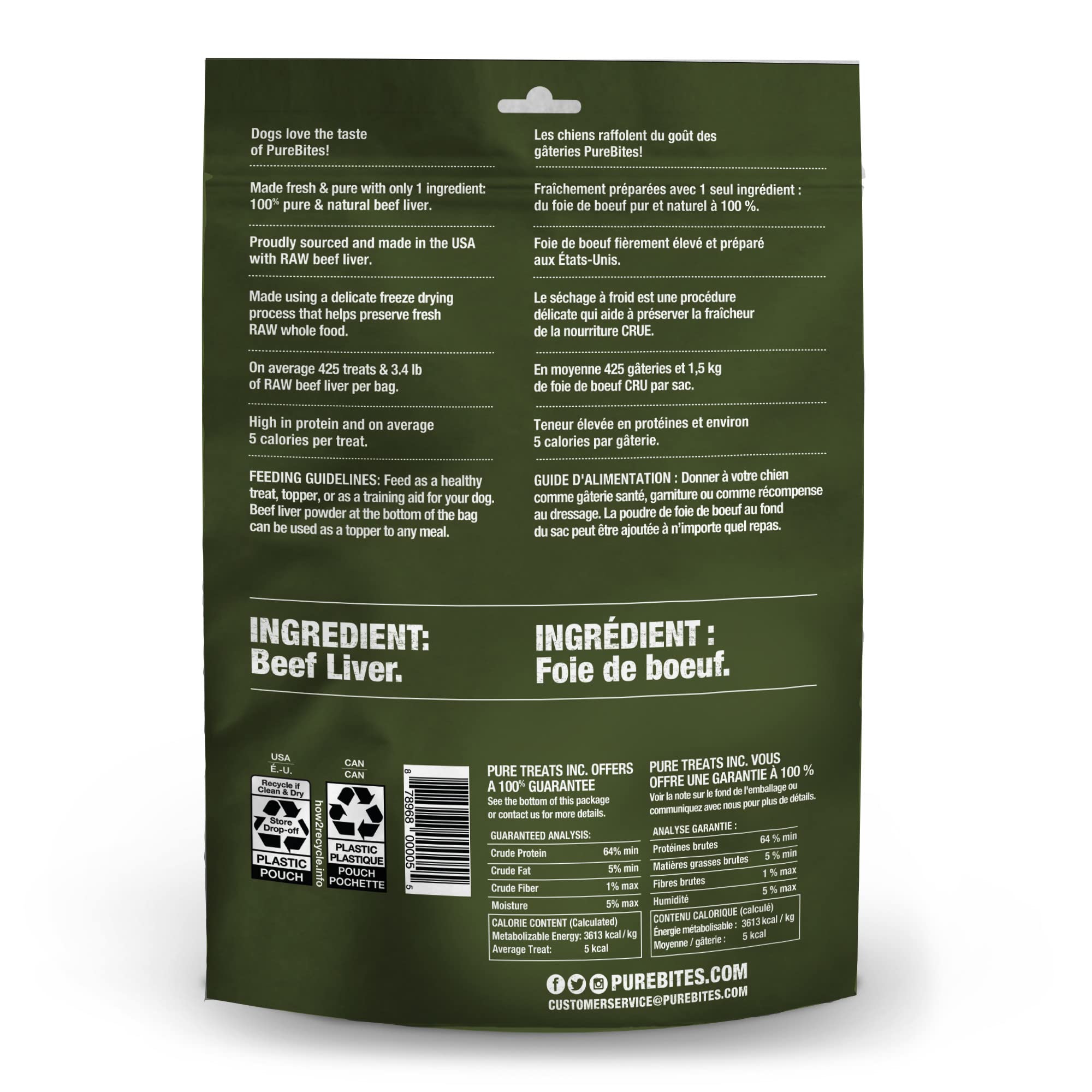 PureBites bolsa reciclable de higado de res liofilizado, opción responsable.