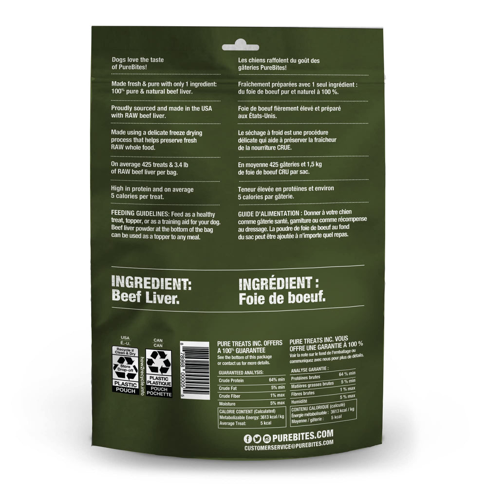 PureBites bolsa reciclable de higado de res liofilizado, opción responsable.