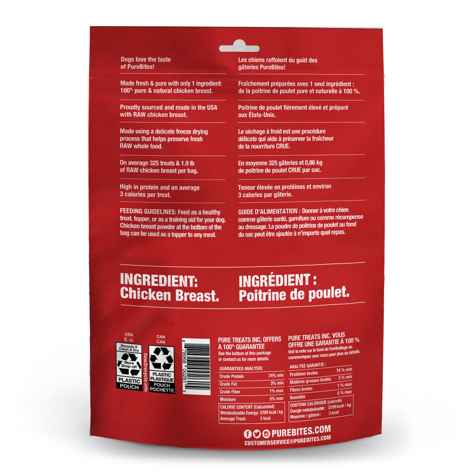 PureBites ingrediente único pollo, fuente de proteína natural.