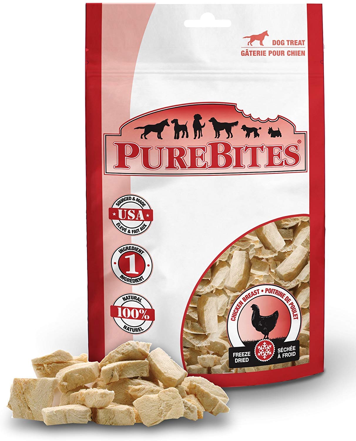 PureBites pechuga de pollo deshidratada, envase visible, recompensa sabrosa para perros.