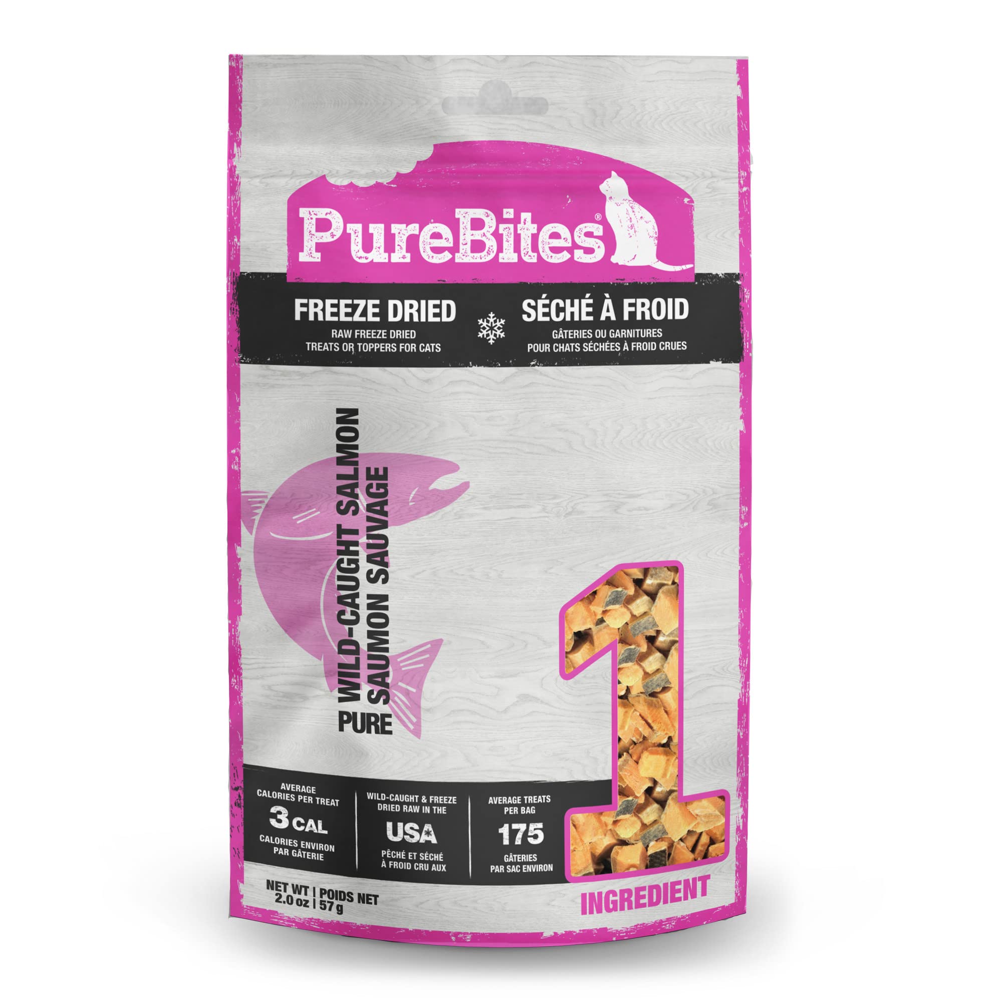 PureBites salmón deshidratado para gatos, snack crujiente y proteico.