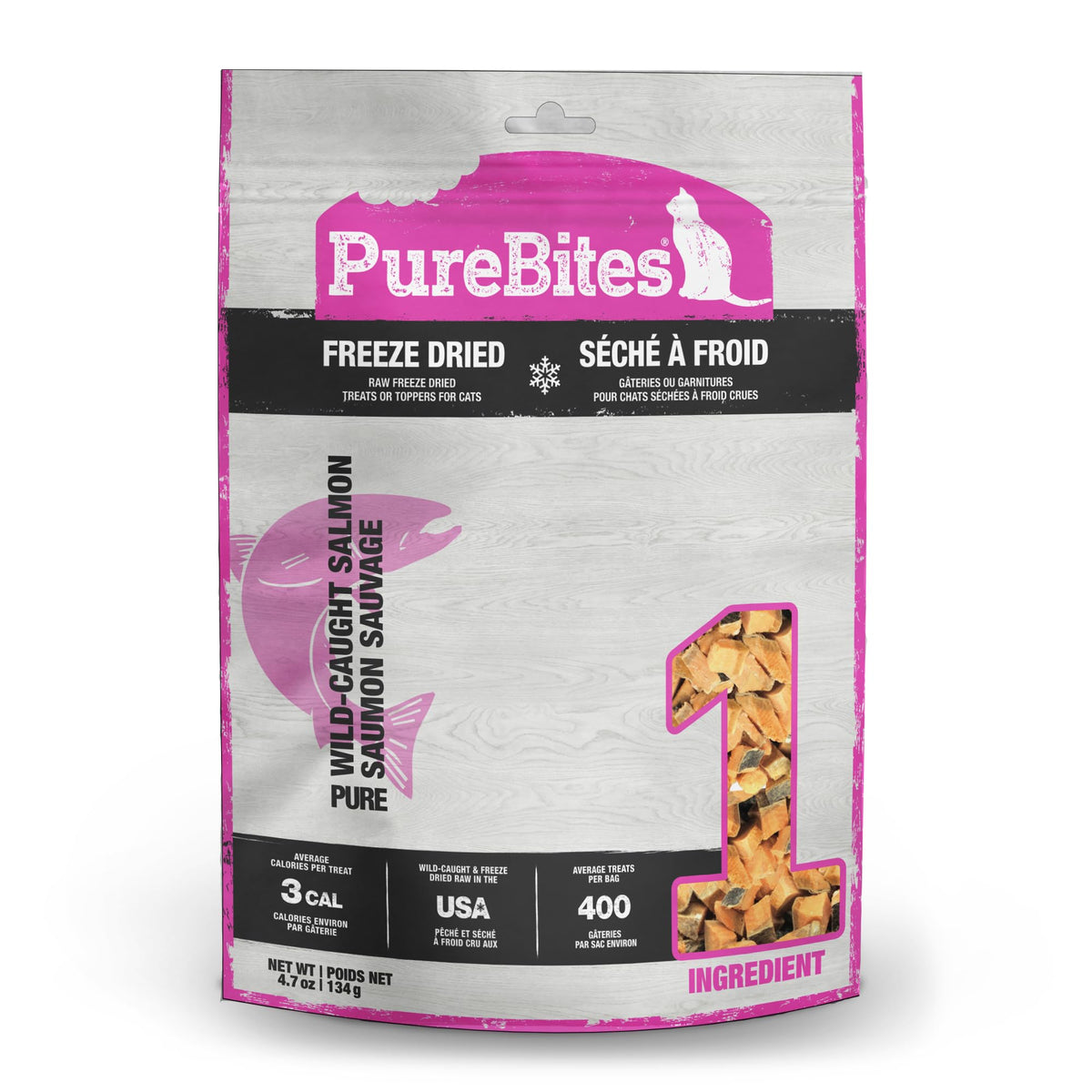 paquete práctico de PureBites salmón liofilizado para premiar gatos