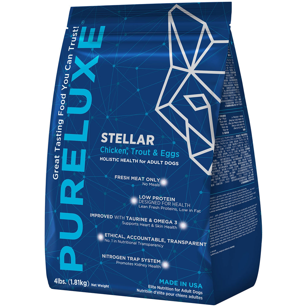 Paquete de PURELUXE comida para perros sin grano y gluten, ideal para adultos.