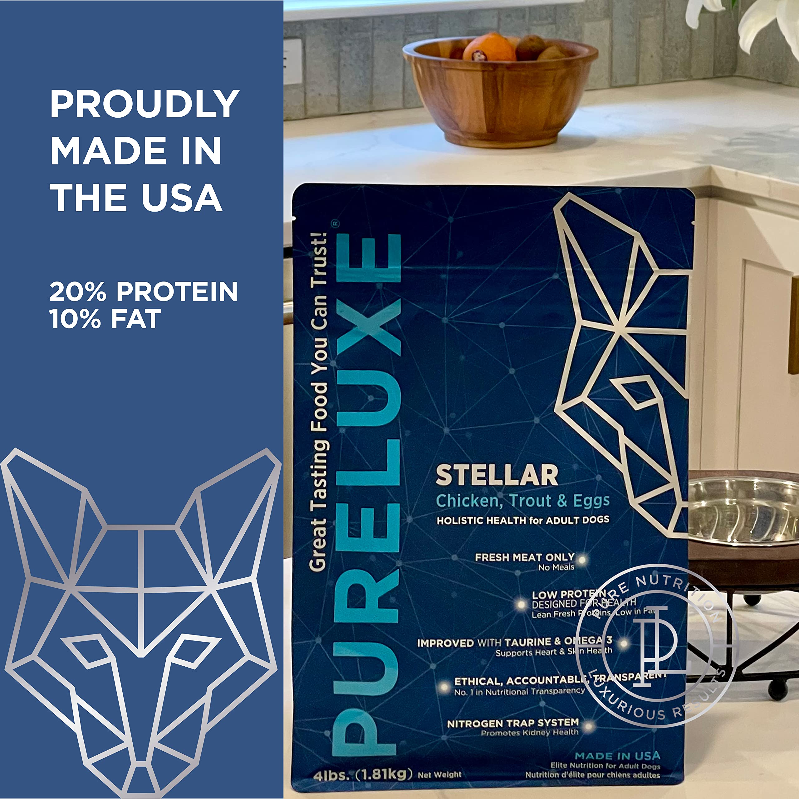 Fórmula PURELUXE sin cereales y sin gluten para perros sensibles.