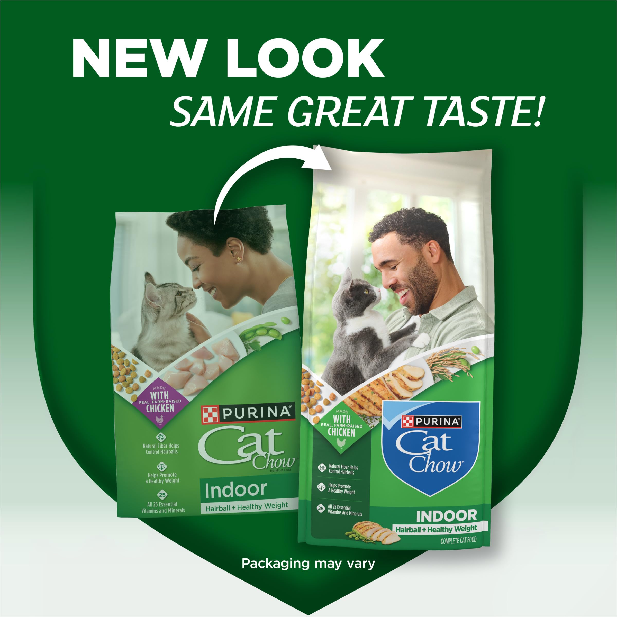 Purina Cat Chow para interiores croquetas de pollo de granja, crujientes y deliciosas.