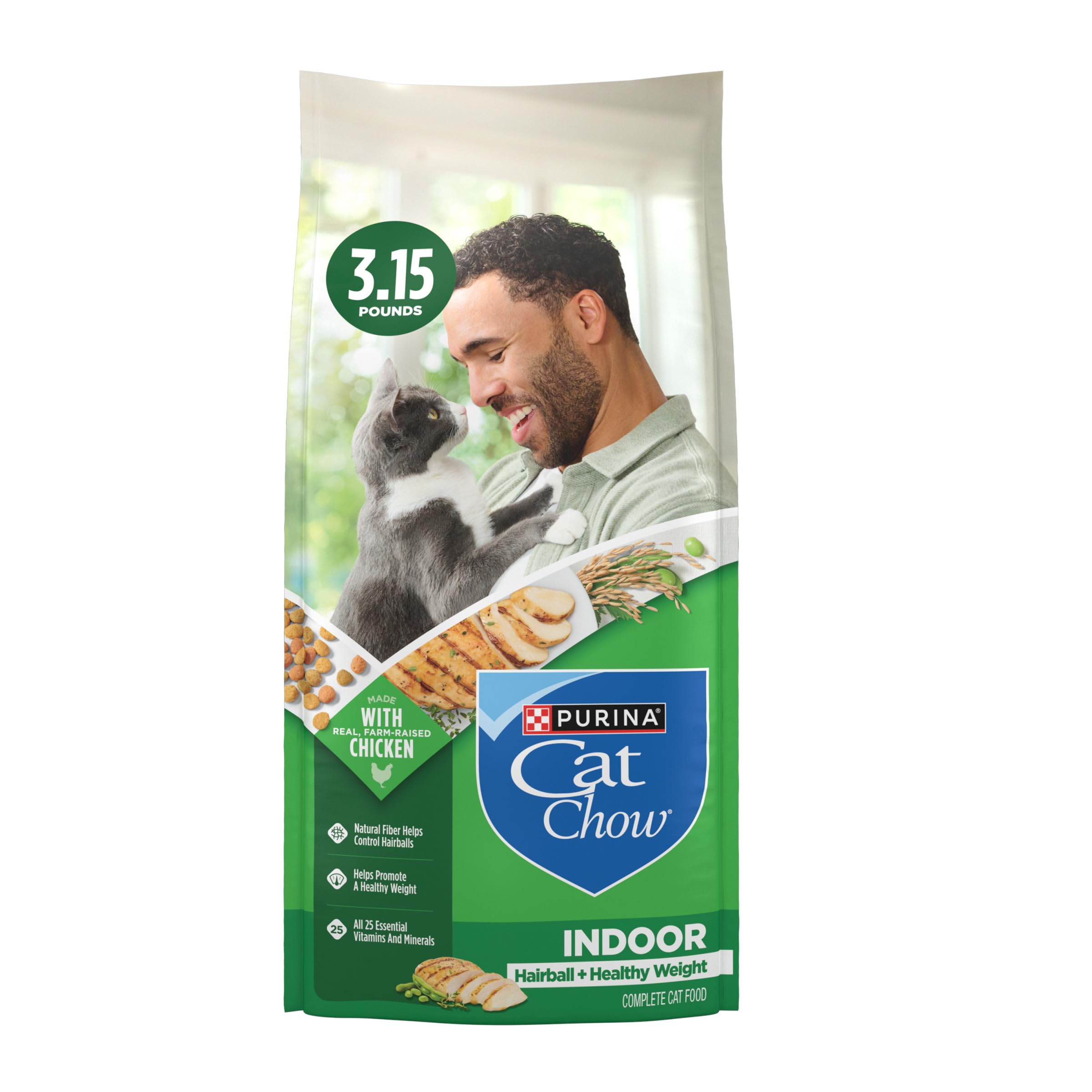 Purina Cat Chow para interiores con peso saludable muestra el paquete de cuatro bolsas para gatos adultos.