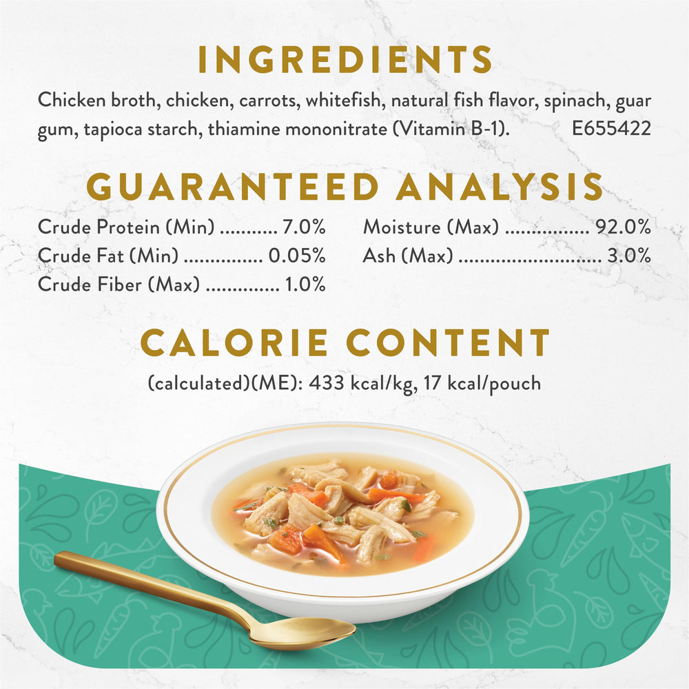 Purina Fancy Feast Broths Clásico ofrece proteína real en cada porción de caldo.