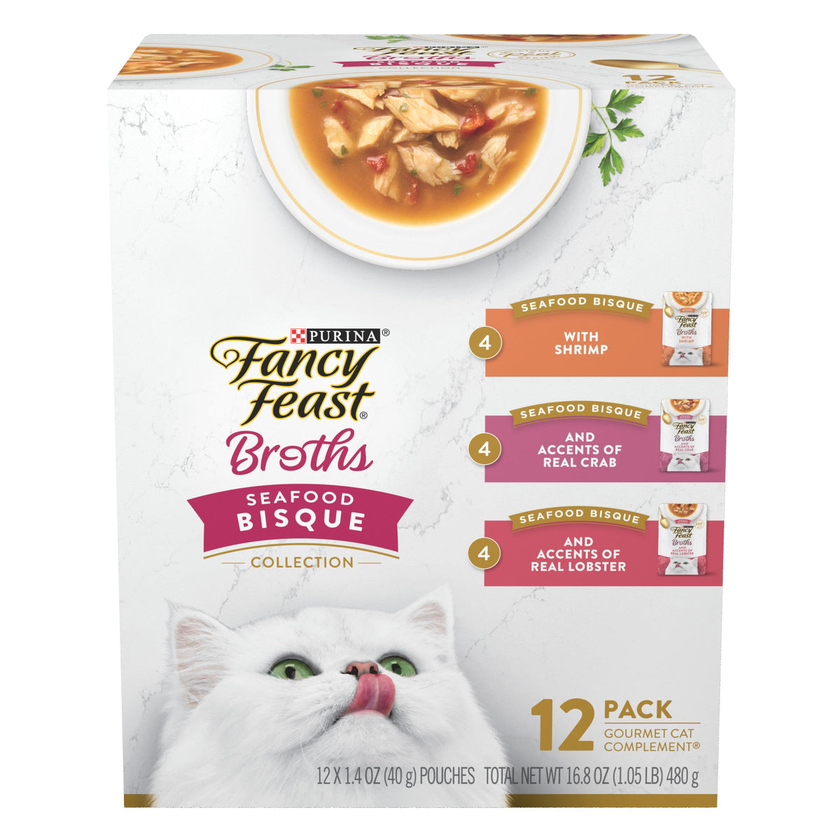 Purina Fancy Feast: caldo bisque con mariscos reales para hidratar la comida