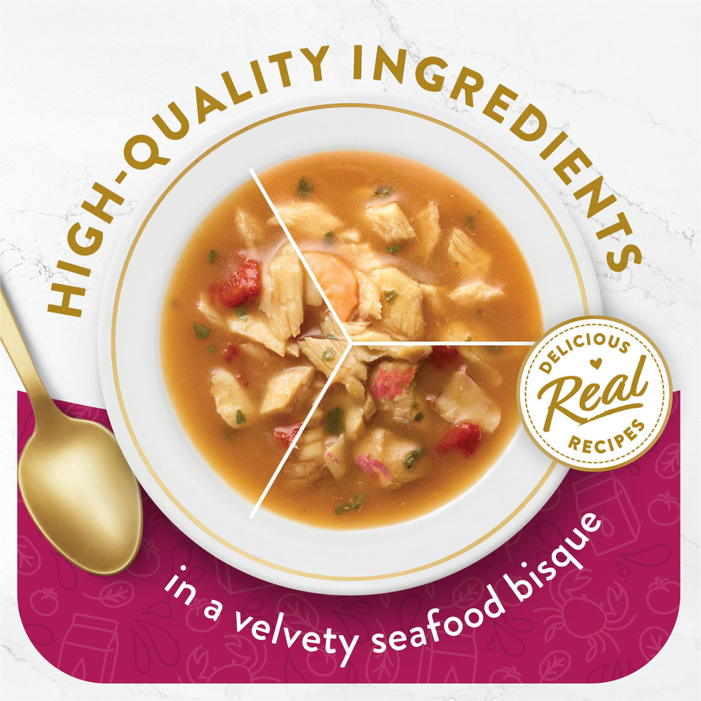 Purina Fancy Feast: textura cremosa del caldo bisque para realzar el sabor