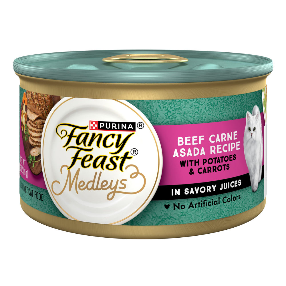 Fancy Feast Medleys Carne Asada en lata 3 oz, primera vista, sabor apetecible para gatos adultos