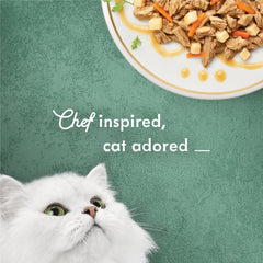 Fancy Feast Medleys textura húmeda, gato disfrutando la comida
