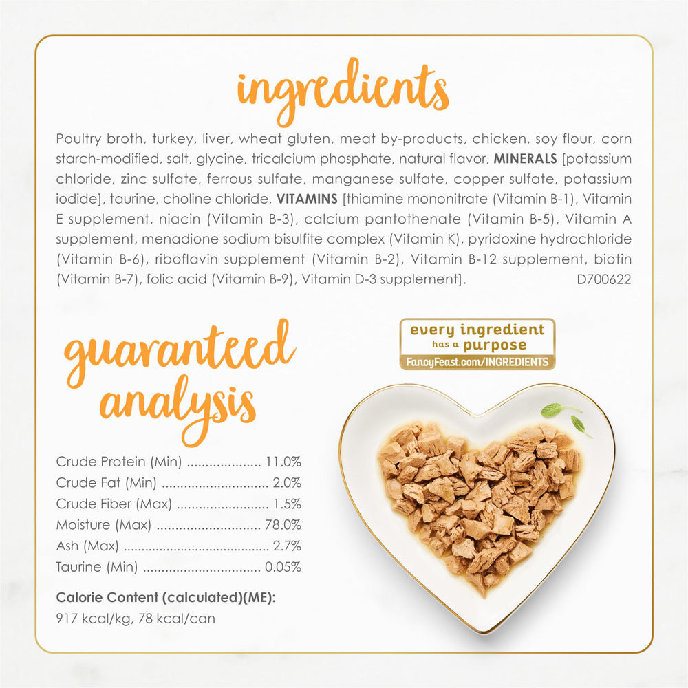Purina Fancy Feast comida húmeda para gatos, enriquecida con vitaminas y minerales.