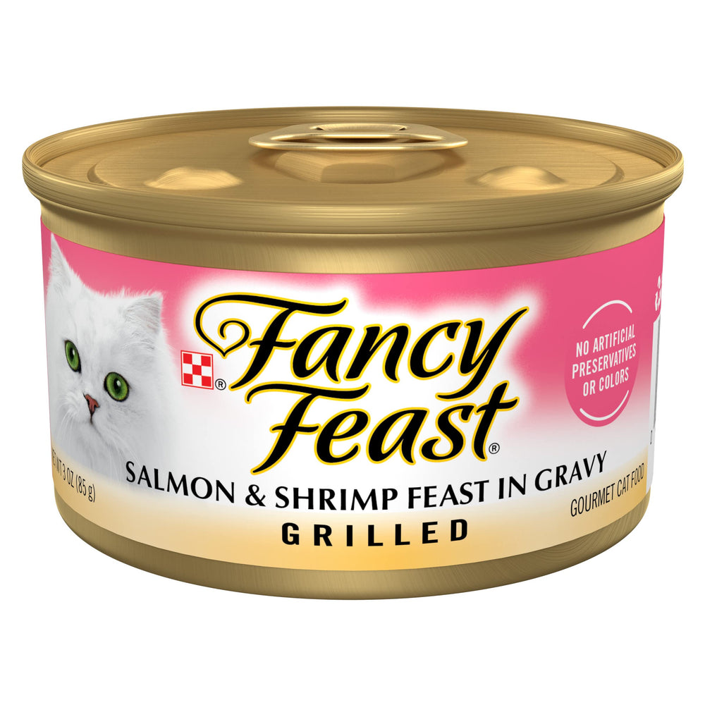 Purina Fancy Feast salmón y camarón en lata de 3 onzas, porciones gourmet para la cena.