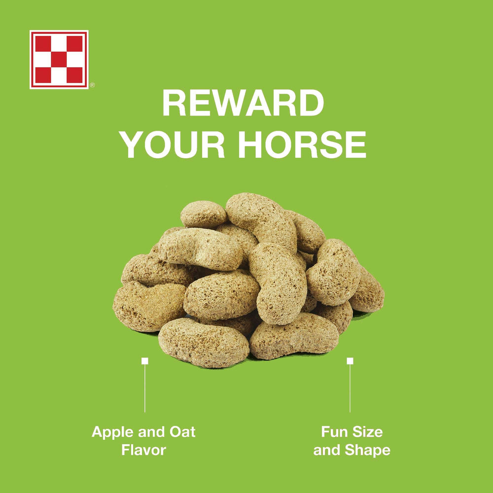 Bolsa Purina de golosinas manzana y avena para caballos, ideal como premio diario.