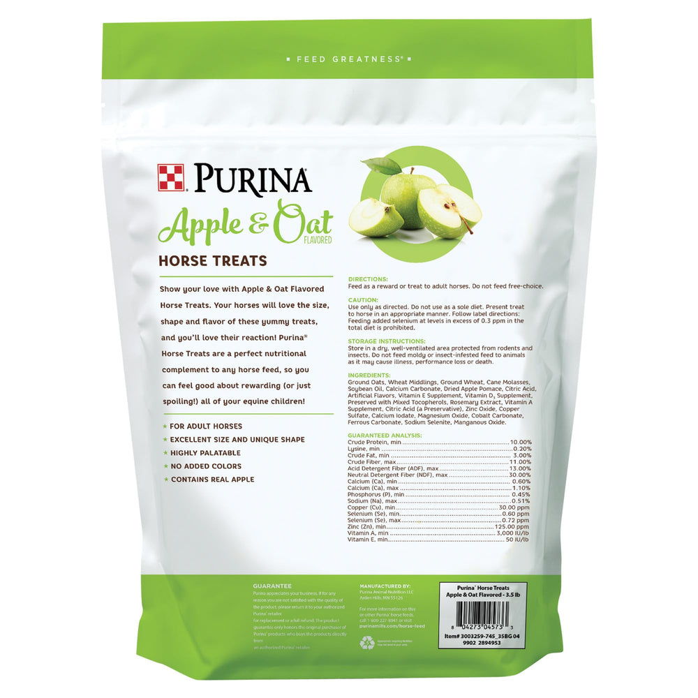 Golosinas Purina para caballos sabor manzana y avena, fácil de morder para una experiencia agradable.