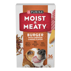 Purina Moist & Meaty Burger cheddar, empaque de sobre, listo para servir.