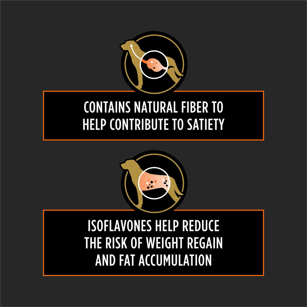 Purina OM kibble con fibra natural para mayor saciedad.