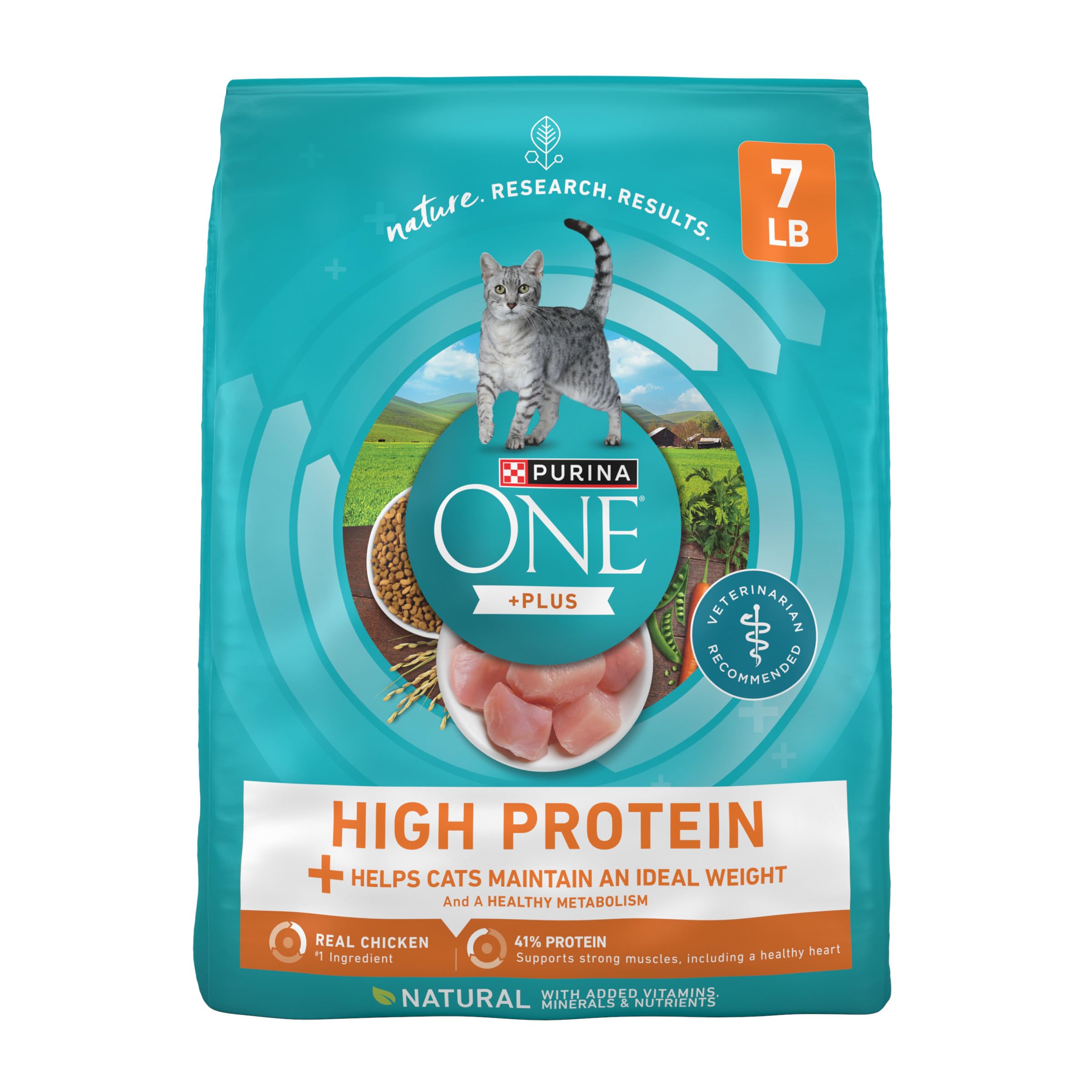 Purina ONE al mismo tiempo detalla aspecto primer ingrediente/pollo real para músculos y sabor