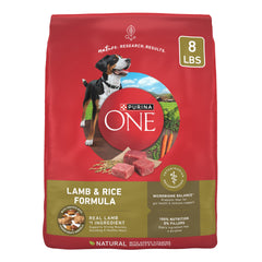 Purina ONE aliento seco cordero-arroz, bolsa de 8 libras, frente visible para perros.
