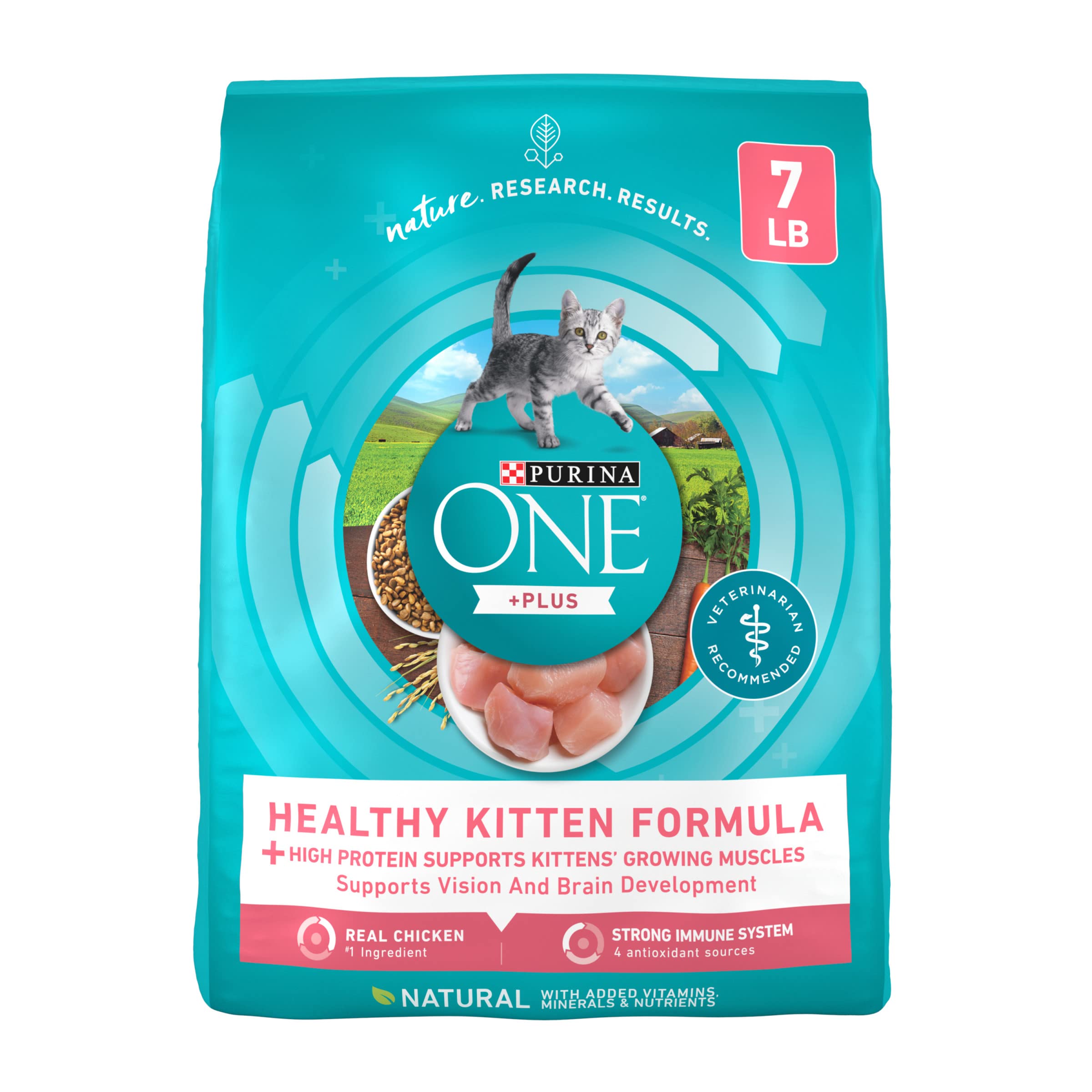 Purina One alimento seco para gatitos con proteína alta y pollo real para su crecimiento.