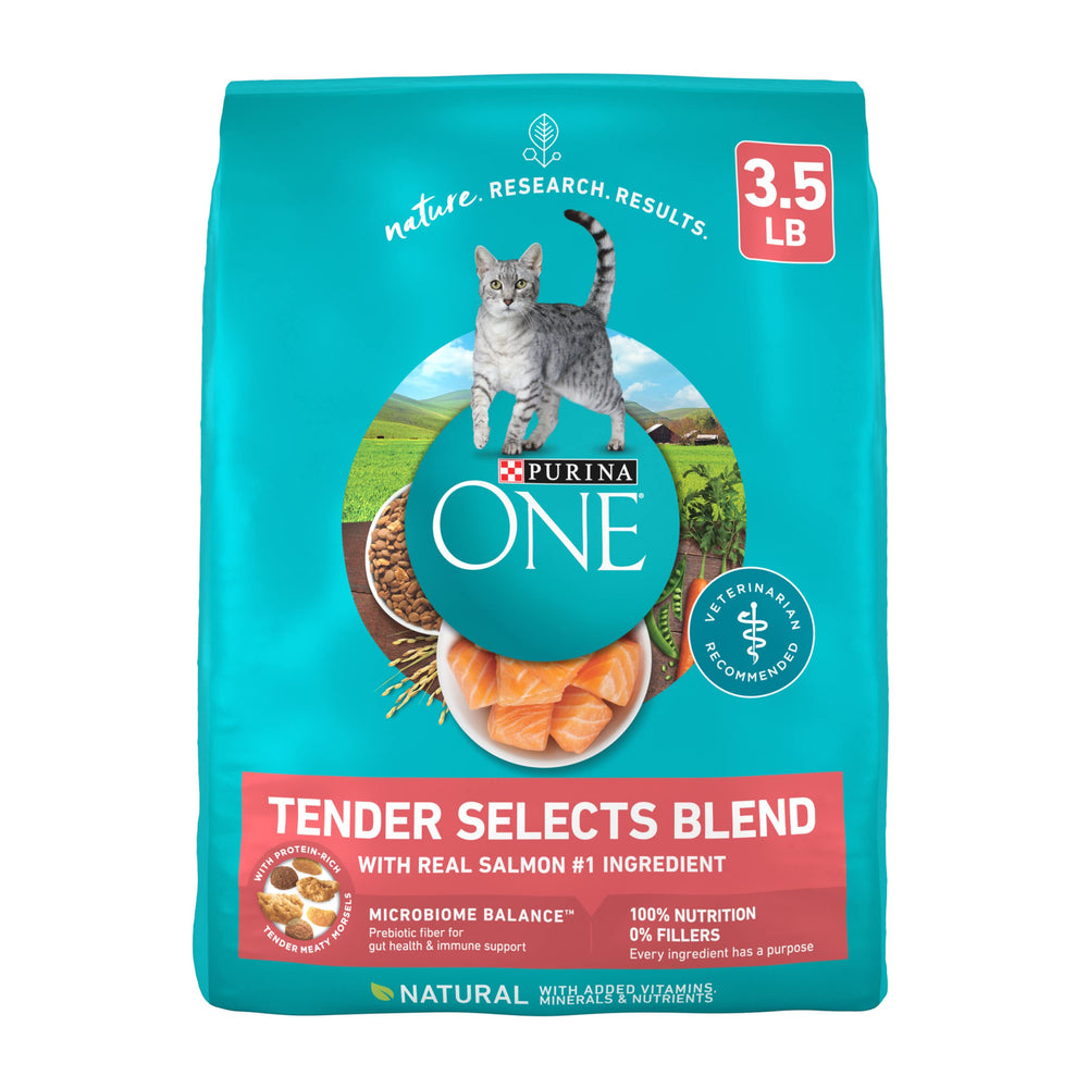 Purina ONE con salmón real, frente del envase, sabor atractivo para gatos exigentes.