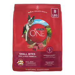 Purina ONE Bocados Pequeños de Carne y Arroz; primer ingrediente real para músculos fuertes.