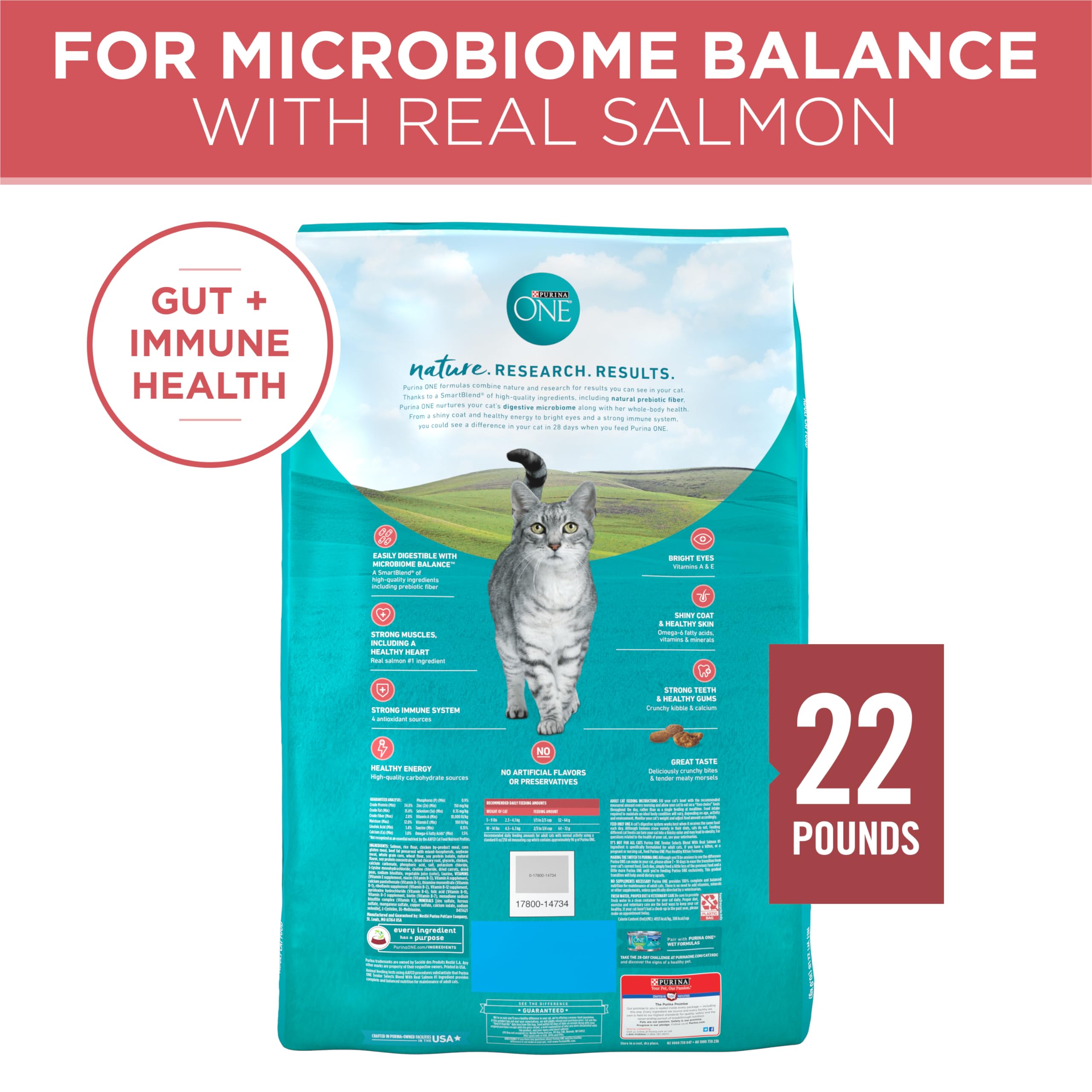 Purina ONE guía de porciones y calorías indicada en la bolsa.