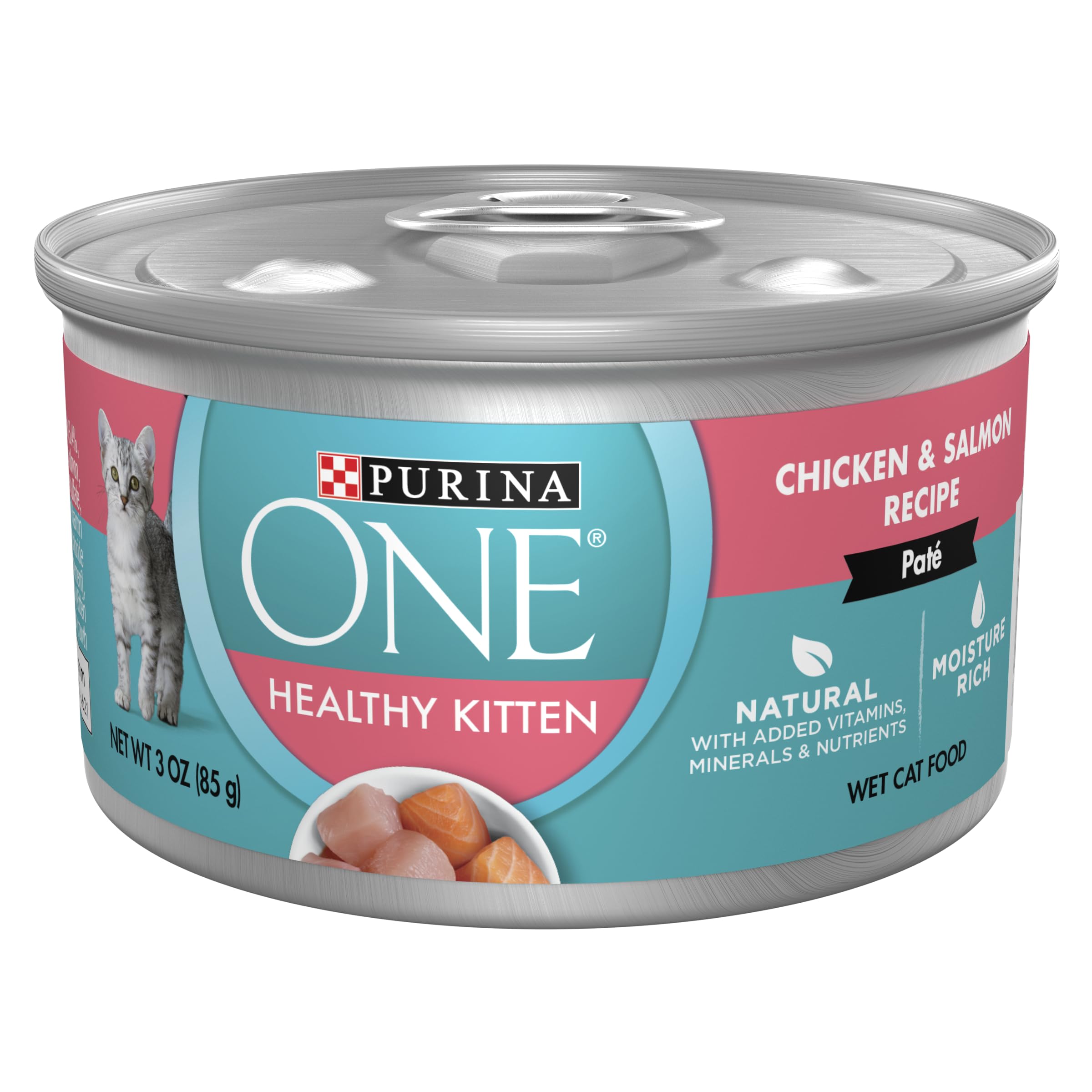 Purina ONE gatito pate húmedo en lata 3oz con carne real como ingrediente principal.