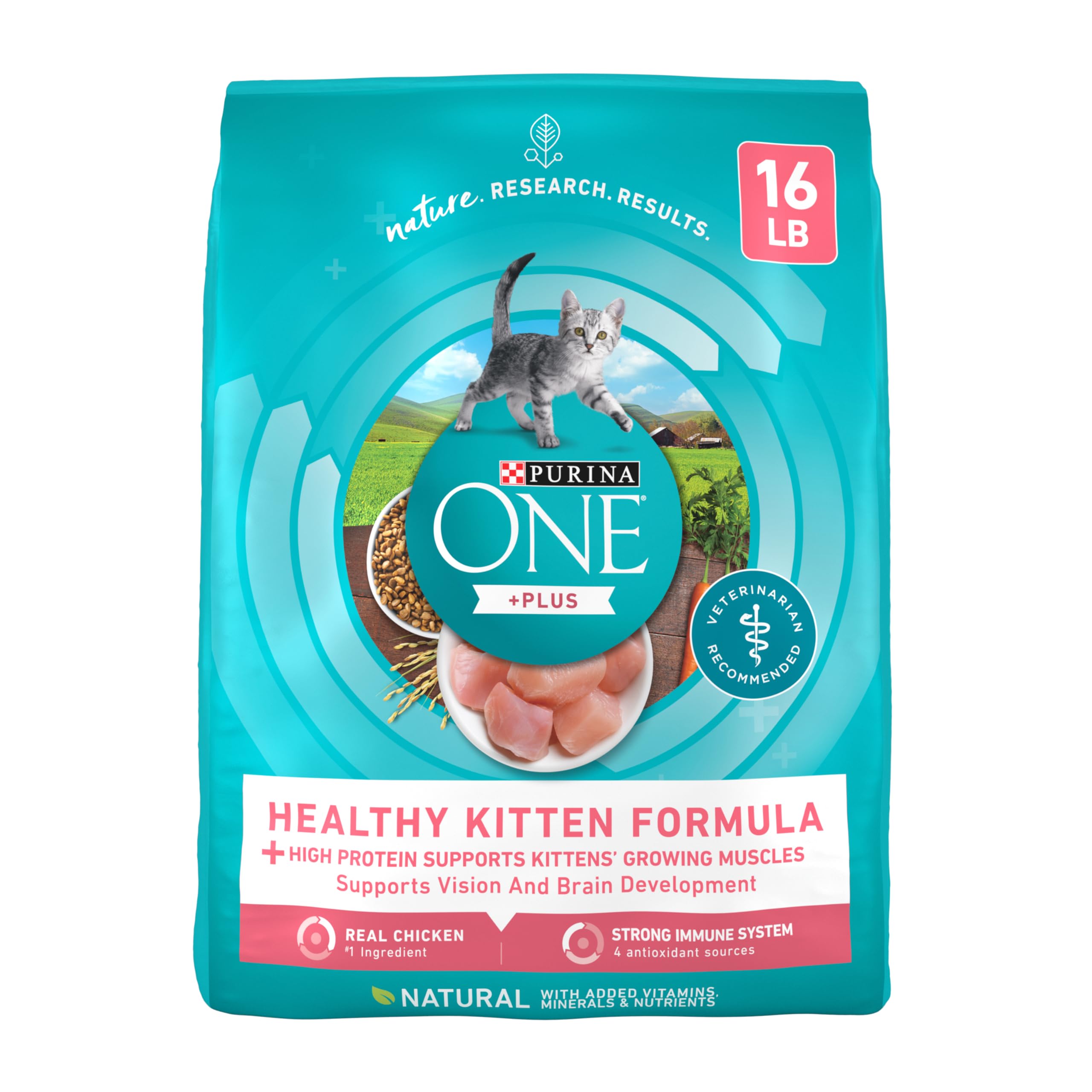 Purina ONE gatitos alto proteico con pollo real para músculos en desarrollo.