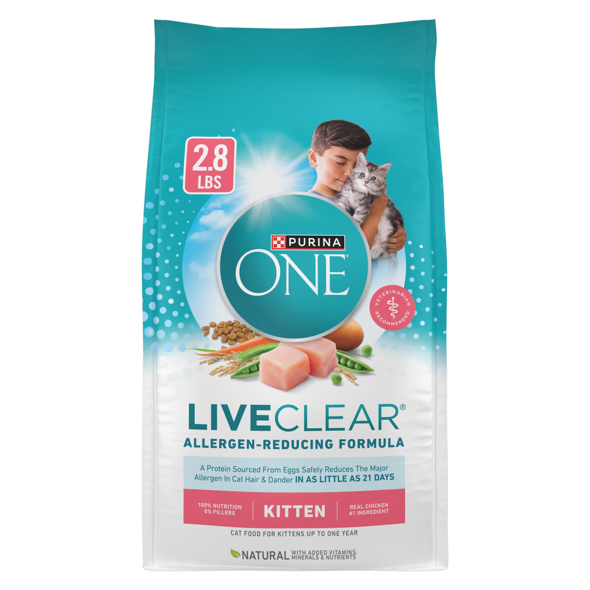 Purina ONE LiveClear bolsa de 2.8 lb para gatitos, opción diaria conveniente.