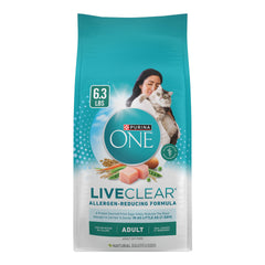 Purina ONE LiveClear croquetas para gatos, bolsa de 6.3 lb, sabor real y nutrición completa.