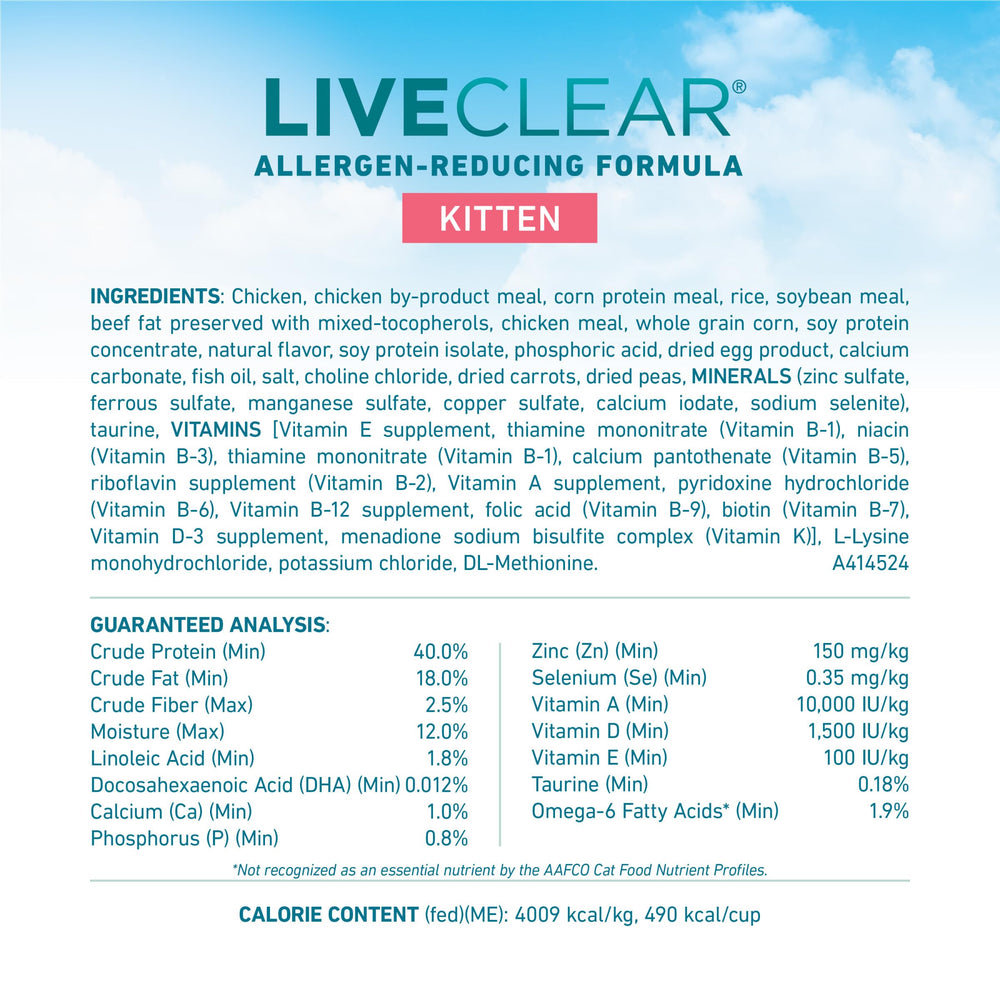 Croquetas secas Purina ONE LiveClear para gatitos en la imagen.