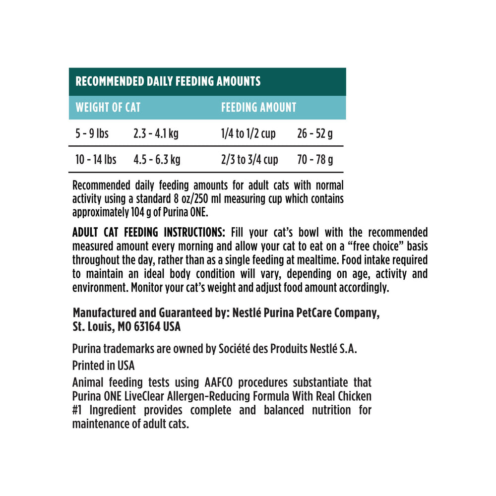 Purina ONE LiveClear croquetas digestibles y equilibradas para gato adulto.