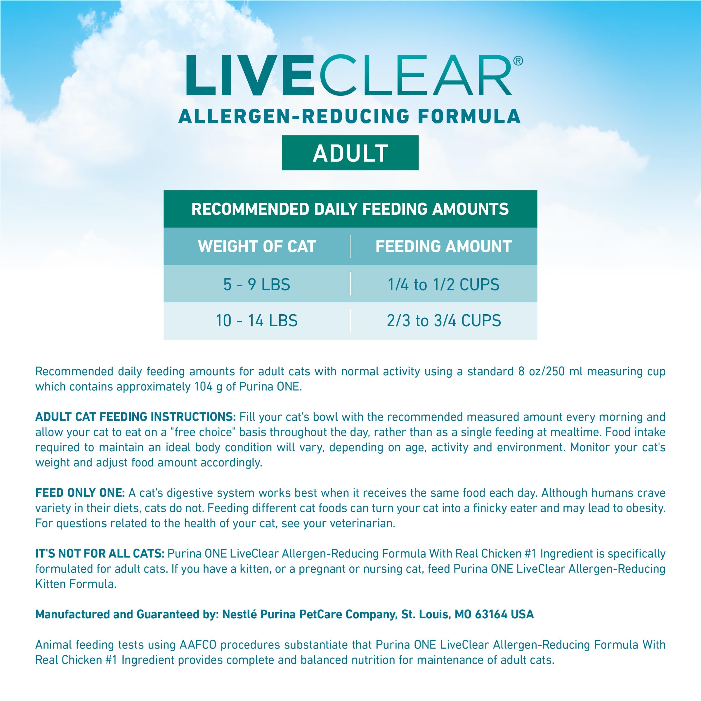 Purina ONE LiveClear pollo real primer ingrediente, sabor reconocido por gatos