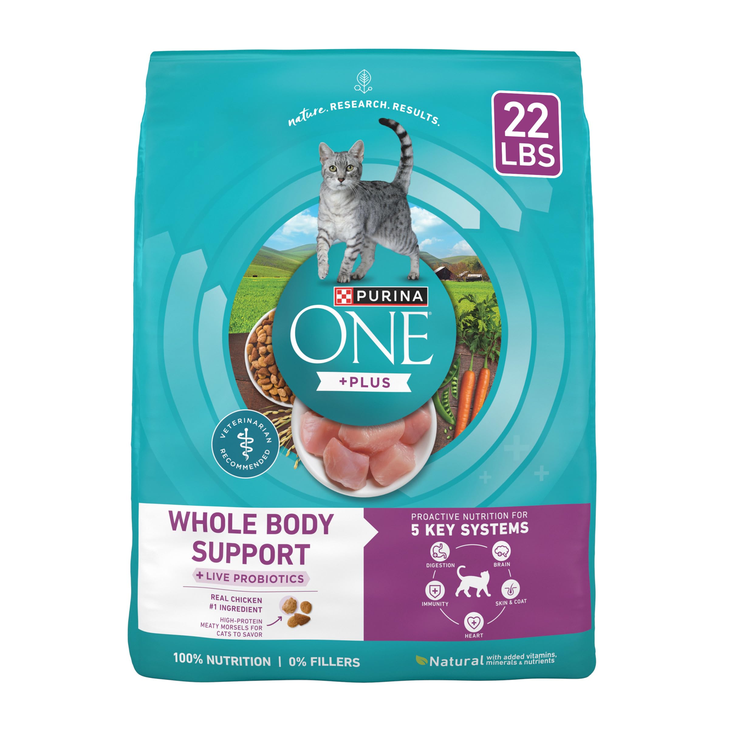 Purina ONE Plus bolsa de 22 lb para gatos, facilita el servicio diario y la frescura.