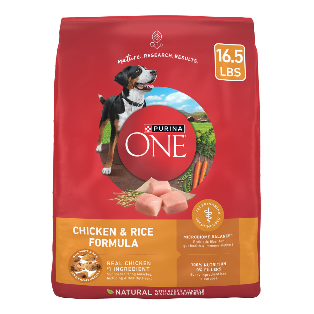 Purina ONE croquetas de pollo y arroz en bolsa, energía diaria para perros adultos.