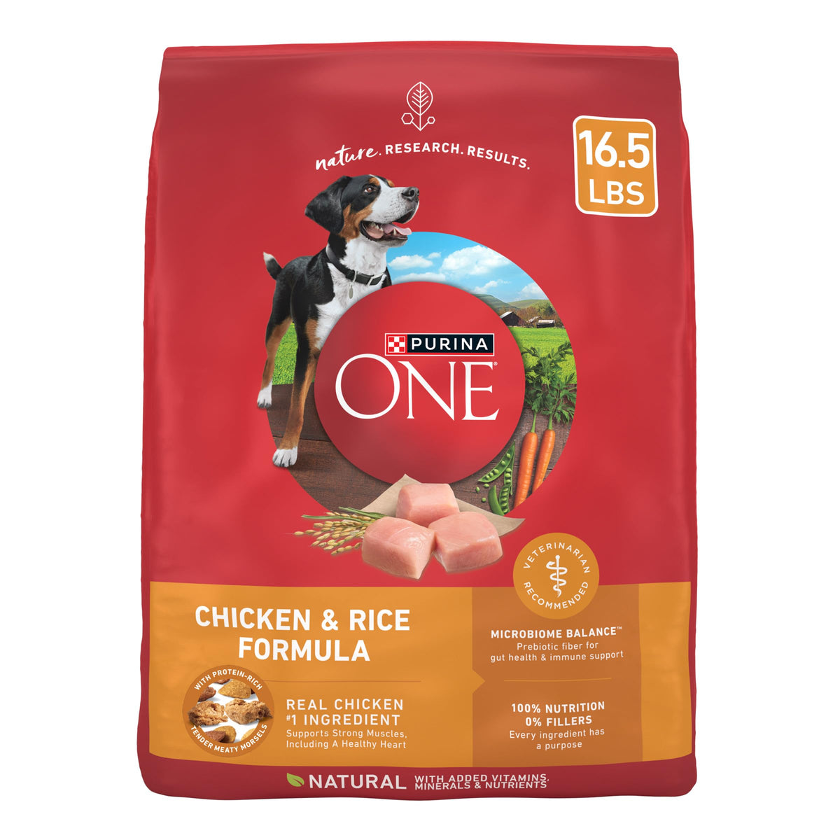 Purina ONE croquetas de pollo y arroz en bolsa, energía diaria para perros adultos.