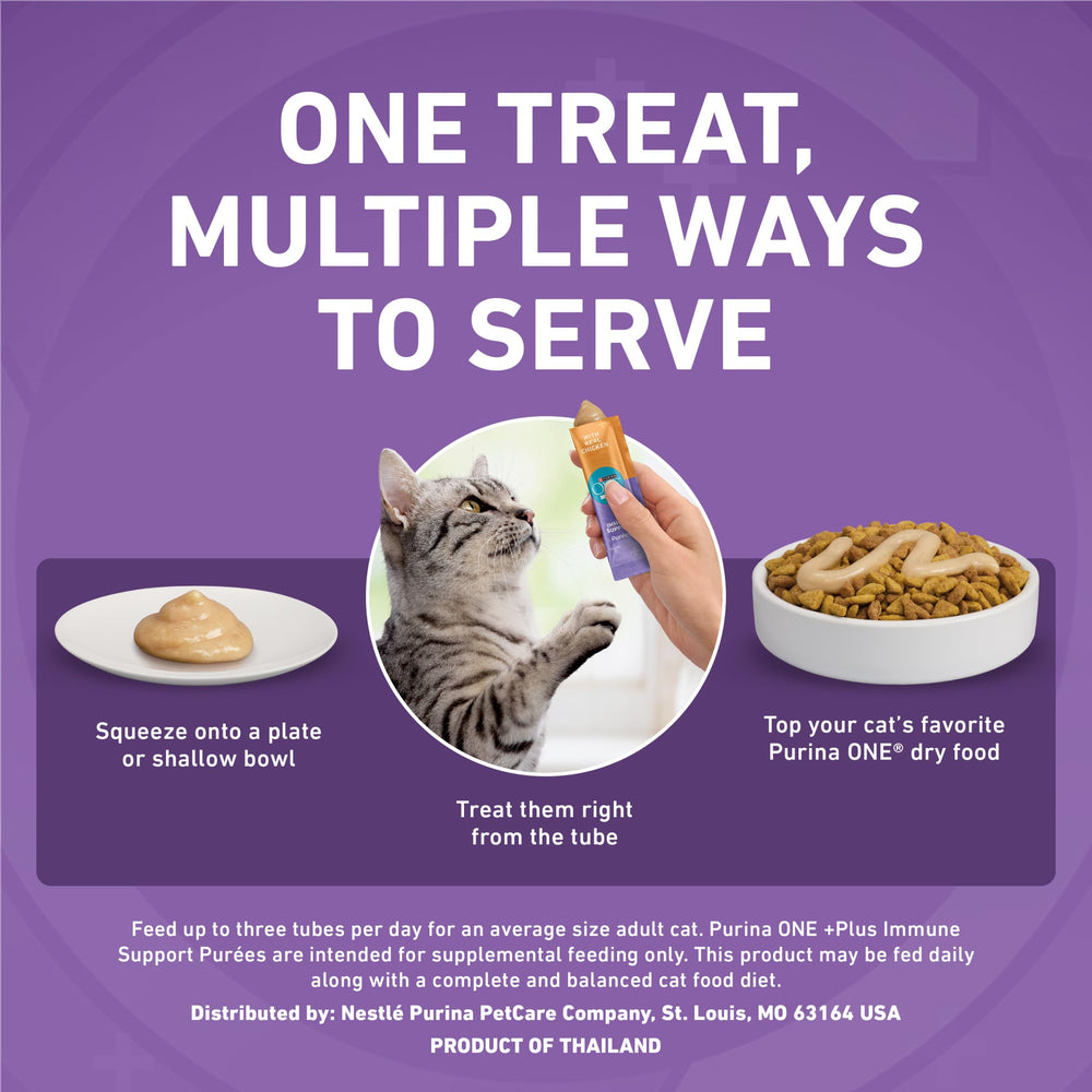 Purina ONE Purees envase ergonómico para servicio cómodo y sin desorden.
