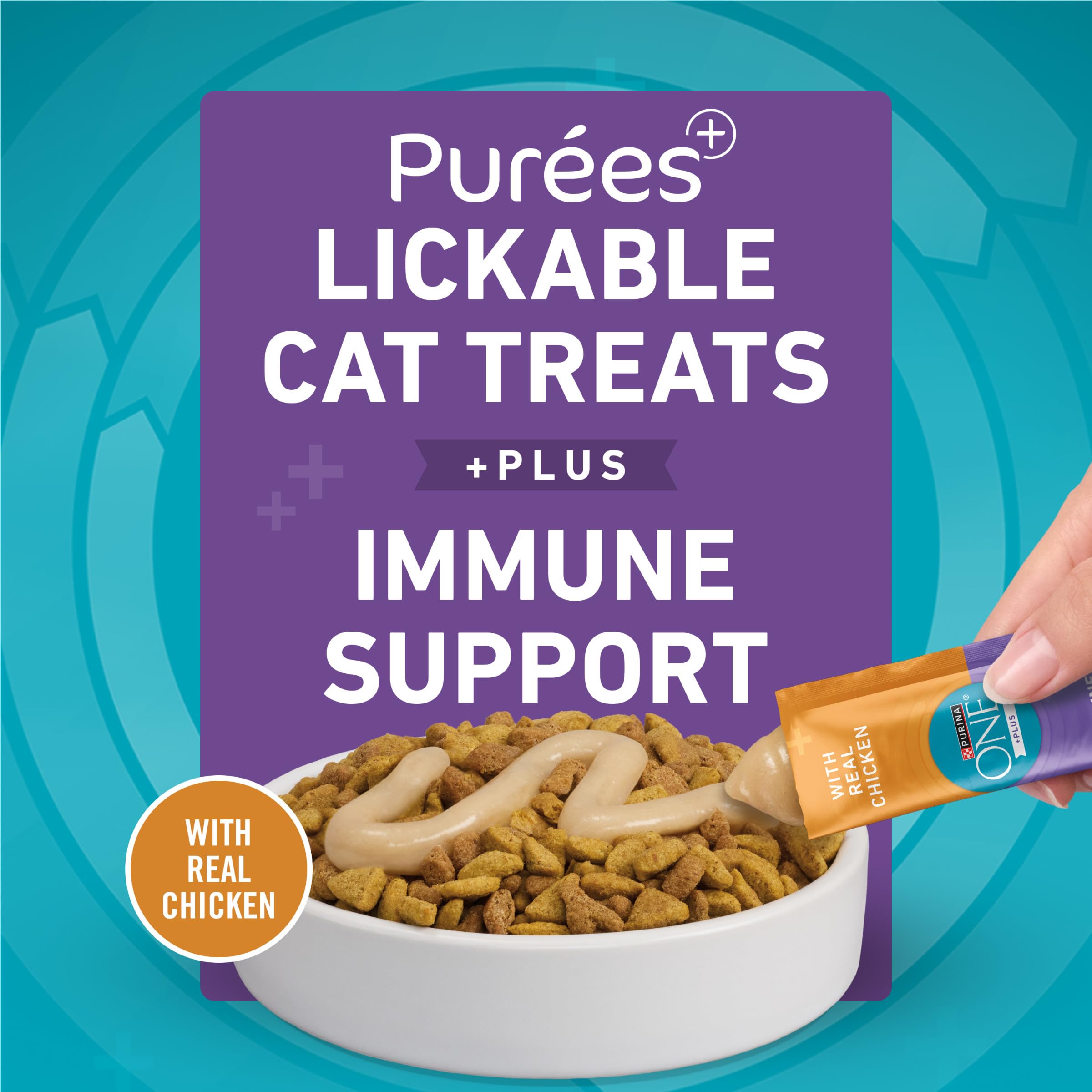 Purina ONE Purees textura suave de pollo real para premiar a tu gato.