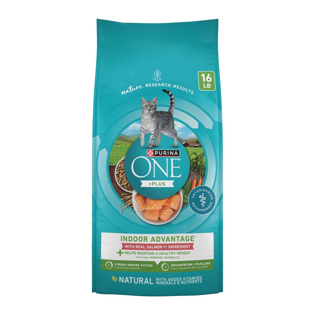 Purina ONE salmón real en croquetas para interior promueve músculos fuertes y pelaje brillante.