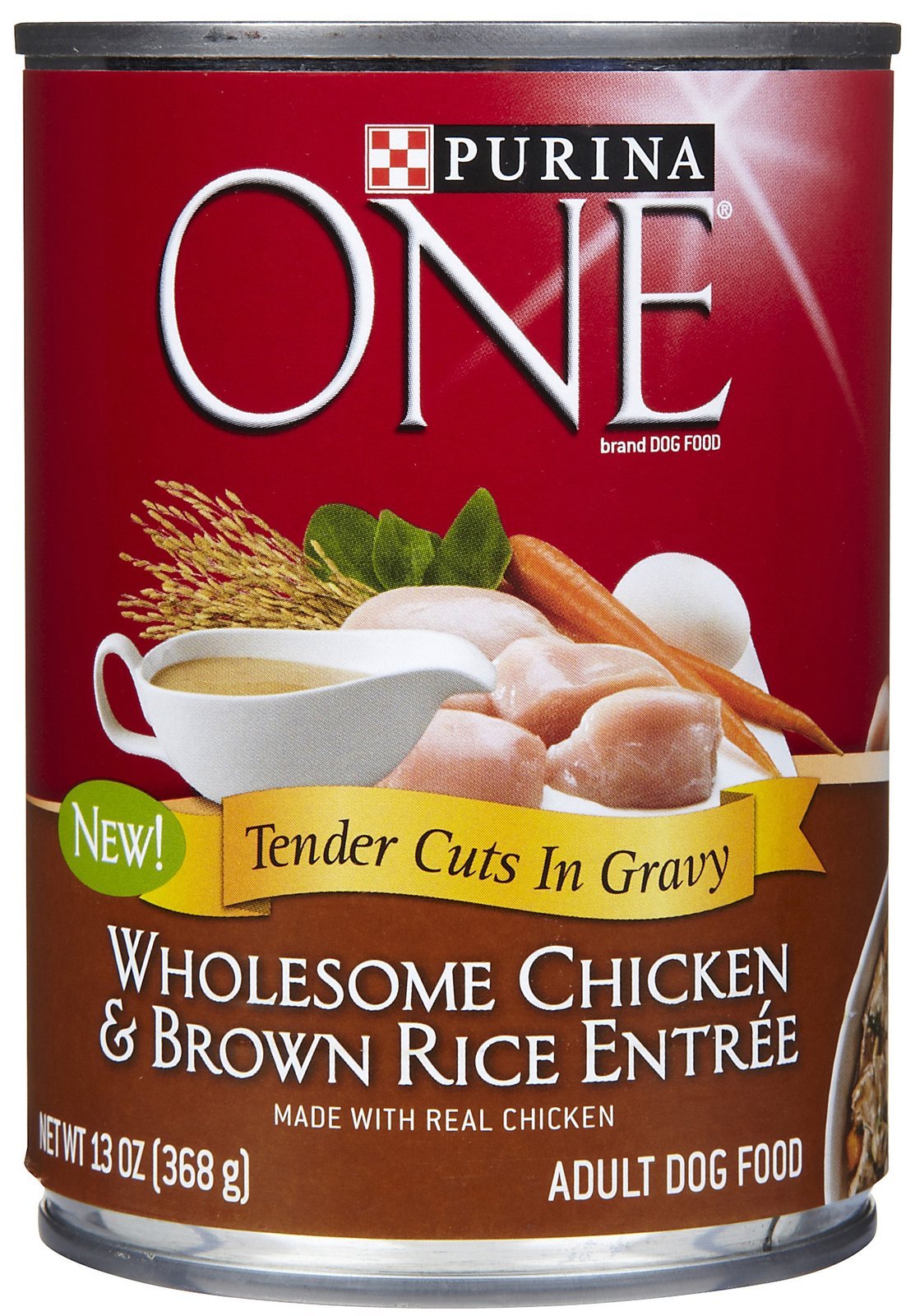 Purina ONE Tender Cuts Pollo y Arroz, comida enlatada para perros, sabor y textura atractivos.