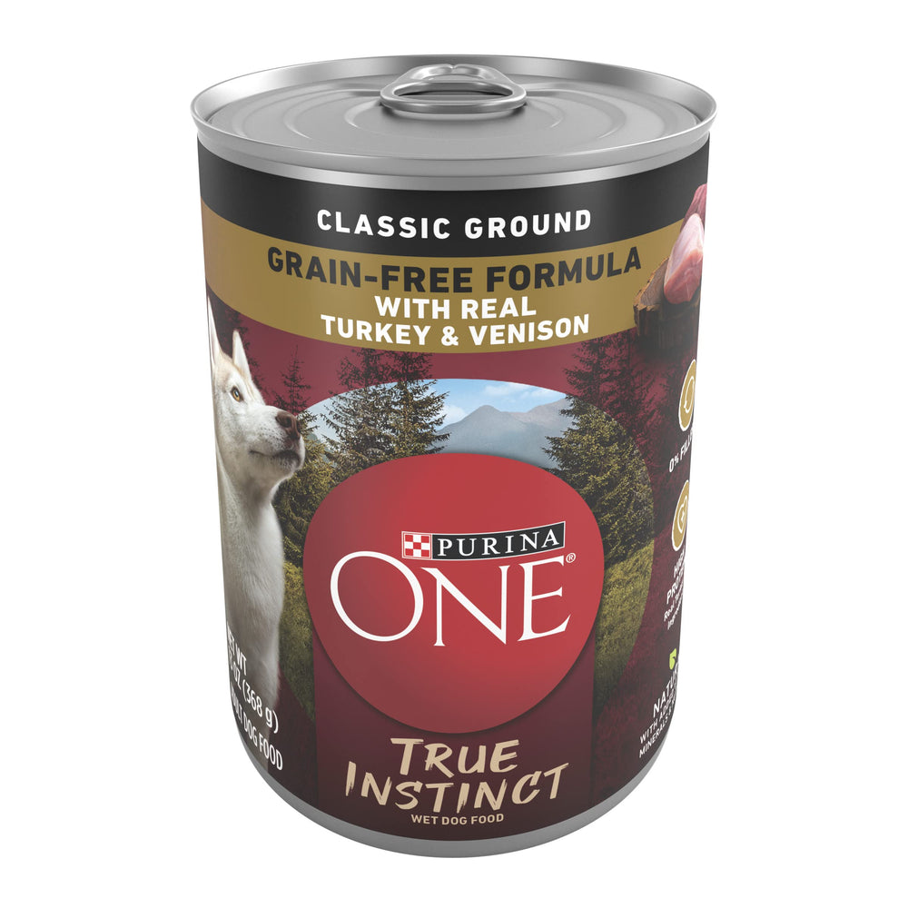 Purina ONE True Instinct lata pavo venado, proteína de alta calidad para perros adultos.