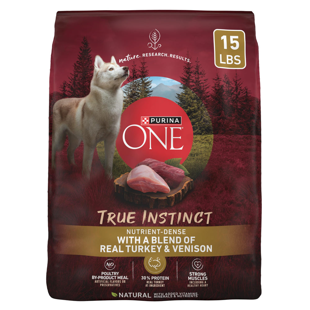 Purina ONE True Instinct frente del empaque con pavo y venado, para músculos fuertes.