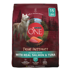 Purina ONE True Instinct con salmón y atún; ingrediente estrella y dieta completa para perros adultos.